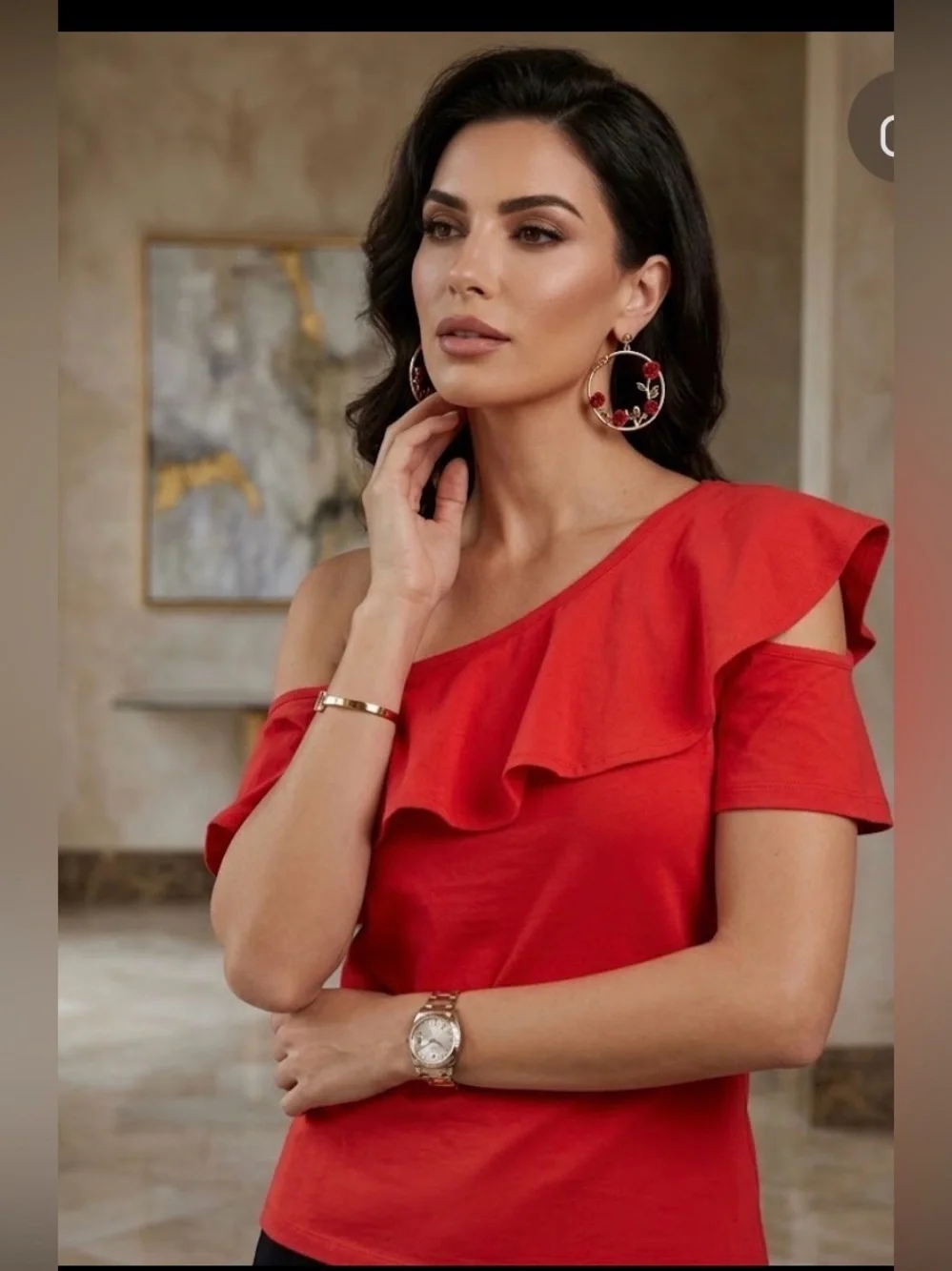 J. Crew Red Ruffled Asymmetrical Blouse